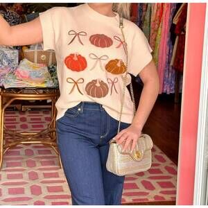 NEW MARY SQUARE josie short sleeve sweater in pumpkin rows